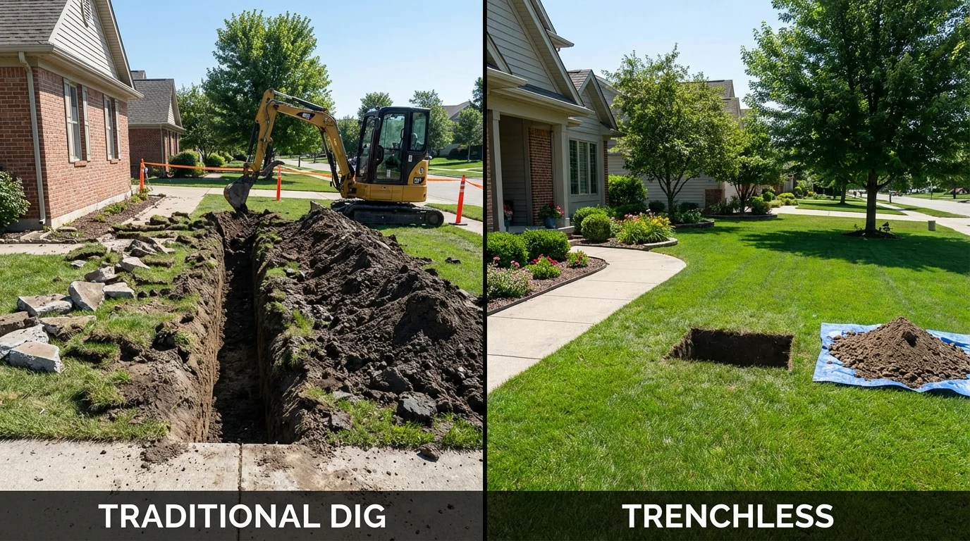 Trenchless sewer repair with minimal yard damage versus traditional excavation in Centreville, MI