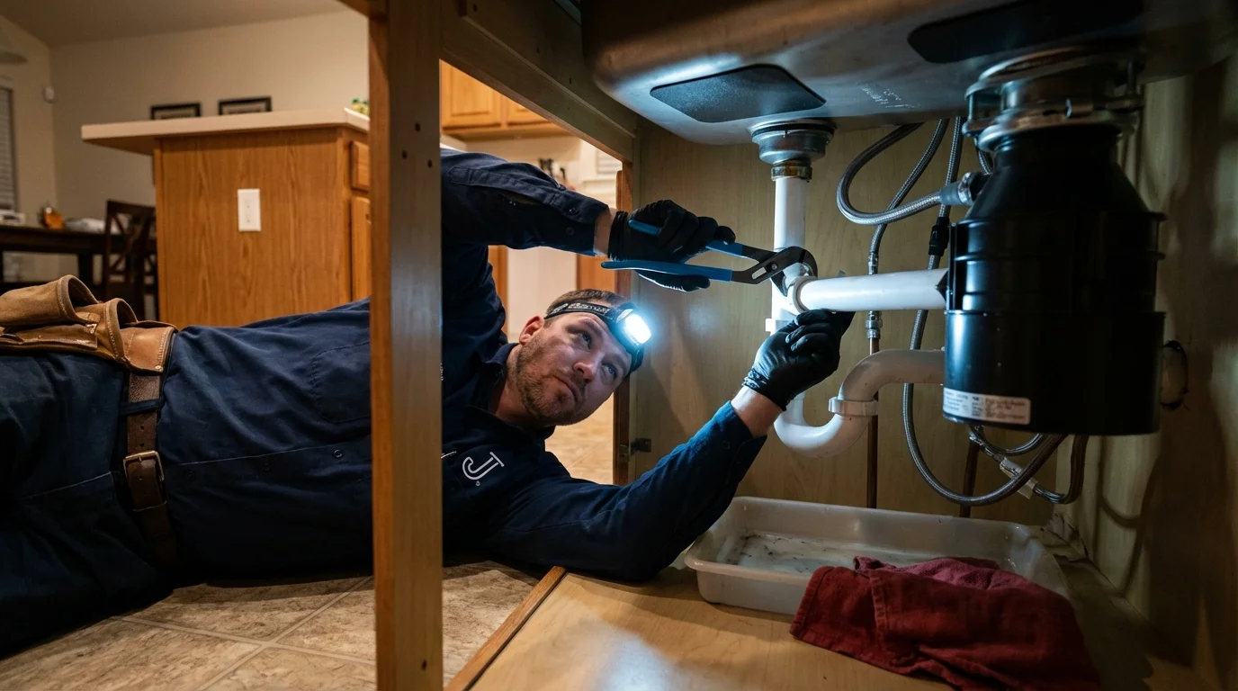 P-trap and supply line connections under a kitchen sink showing a common leak point in Centreville, MI